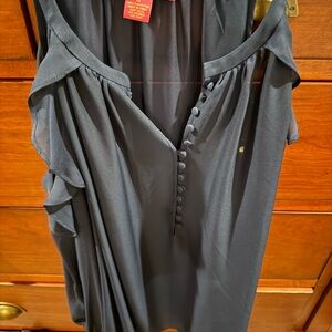 Blue Cold Shoulder Long Sleeve Ruffle-Trim Button Front Blouse